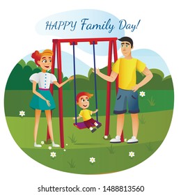 Happy Family Day Greeting Card Banner. Cartoon Father Mother and Son on Swing Vector Illustration. Dad Mom Child in Park Playground. Summer Leisure Nature. Little Boy Play Outdoors