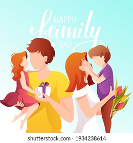 Happy Family Day greeting card. Parents with their children. Calligraphy and hand drawn lettering. Square vector illustration for card, postcard, poster, banner.