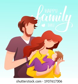 Happy Family Day greeting card. Young family with newborn baby.  Calligraphy and hand drawn lettering. Square vector illustration for card, postcard, poster, banner.