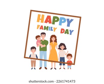 Happy family day greeting card or poster with family members characters, flat vector illustration. Family holiday congratulations for web and postcards design.