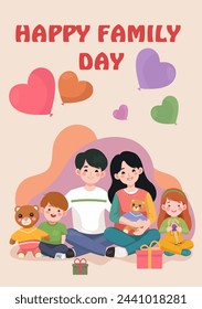 Tarjeta de felicitación del día de la familia feliz, cartel para imprimir. Padre, madre, hijo, hija, ositos de peluche, globos de aire y regalos. Familia feliz joven que pasa tiempo juntos. Diseño de ilustración vectorial