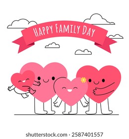 Happy Family Day greeting card. Cute cartoon heart characters family together. Mother, father and children hand-drawn doodle style. Love, appreciation, family bonding illustration. Vector