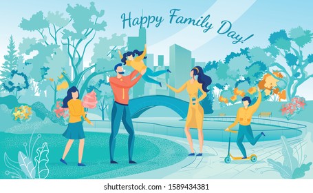 Happy Family Day Holiday Celebration in City Park Cartoon. Father Throwing Daughter up. Mother Drinking Takeaway Coffee. Son Scooting. Girl Eating Cotton Candy. Vector Flat Illustration