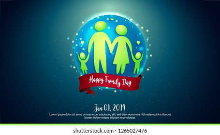 Happy family day illustration of eco and world environment day with happy family. - Vector family silhouettes with red banner