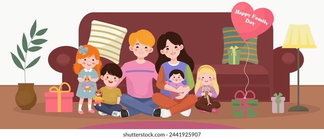  Feliz Día de la Familia. Día Internacional De La Familia, 15 De Mayo. Padre, madre, hijo, dos hijas y un bebé recién nacido pasan tiempo juntos. Sofá Bordo, regalos y globo en la habitación. Ilustración de vector