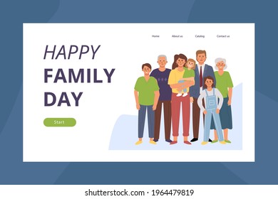 Happy family day. Landing page template with cartoon flat characters. Father, mother, son, daughter, grandmother, grandfather.