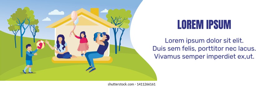 Happy Family Day Lettering Greeting Card. Cartoon Flat Banner with Family on Walk. Mother, Father, Son, Daughter Going Hand in Hand with One Another. Love, Values and Relationship. Vector Illustration