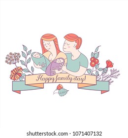 Happy family. Family day.  Loving each other mom, dad and the kids are twins. Banner with the inscription Happy family day. Framing of flowers, branches and berries. Vector illustration.