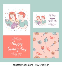 Happy family. Family day.  Loving each other mom, dad and the kids are twins. Seamless pattern of spring flowers. Vector illustration.