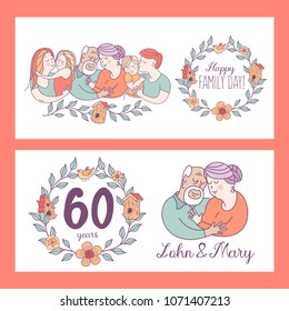 Happy family. Family day.  Loving each other mom, dad, kids, grandparents. Wreath of branches and flowers. Birdhouses and bird. Anniversary family for 60 years. An elderly loving couple. 