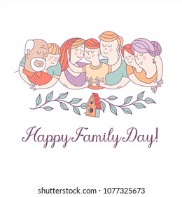 Happy Family Day.  Mom, Dad, Kids, Grandma, Grandpa. The Framing Of The Branches. On The Branch Birdhouse. Symbol Of Home And Family. Vector Illustration.