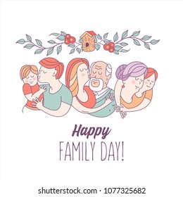 Happy family day.  Mom, dad, kids, grandma, grandpa. The framing of the branches. On the branch birdhouse. Symbol of home and family. Vector illustration.