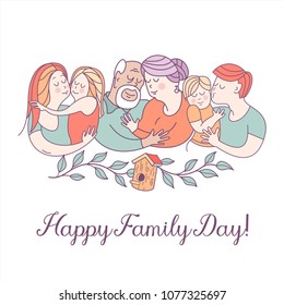 Happy family day.  Mom, dad, kids, grandma, grandpa. The framing of the branches. On the branch birdhouse. Symbol of home and family. Vector illustration.