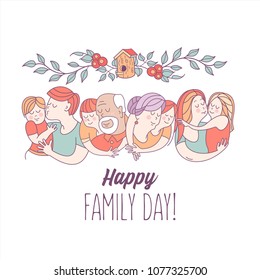 Happy family day.  Mom, dad, kids, grandma, grandpa. The framing of the branches. On the branch birdhouse. Symbol of home and family. Vector illustration.