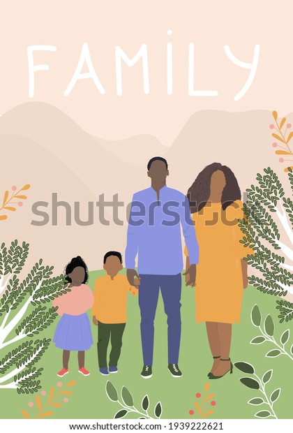 Happy Family Day on nature. Mother, Father\
and Children Walking in Park. Beautiful afro american family.\
Vector Flat illustration