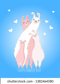 Happy Family Day picture with Llama family. Best mother, father, baby ever cute feminine design for flyer, card, invitation, typography. Vector illustration.