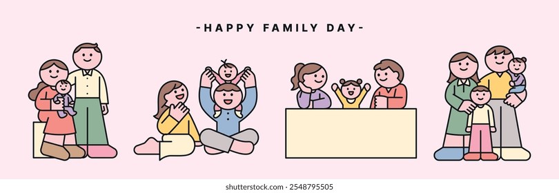 Feliz día de la familia. Posando para una foto familiar juntos. esbozar una Ilustración vectorial simple.