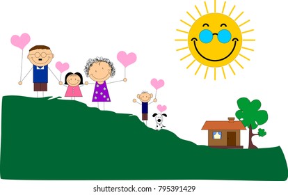 Happy Family Day But there is a smile to welcome Valentine. Everyone has a pink balloon. Even dogs will stain the balloon heart in the mouth. And the sun is beaming (Illustration)