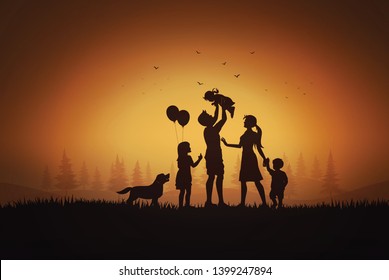 Feliz día familiar, silueta de padre e hijos jugando sobre el césped al atardecer. 