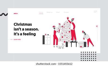 Happy Family Decorate Christmas Tree at Home Website Landing Page. Father Put Star on Top of Fir-Tree, Mother, Daughter Son and Dog Helping. Web Page Banner. Cartoon Flat Vector Illustration, Line Art