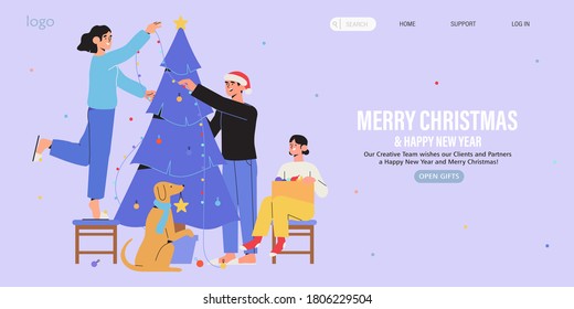 Happy Family Decorate Christmas Tree Together With Garland And Baubles. Christmas And New Year Preparations Banner, Flyer, Landing Page. Trendy Characters Celebrate Winter Holidays And X-mas At Home.