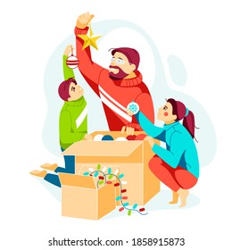 Happy Family Decorate Christmas Tree Together Prepare for Winter Holidays Celebration Hanging Balls and Star out of the boxes, People Celebrating New Year at Home. Cartoon Flat Vector Illustration