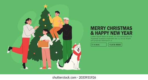 Happy family decorate christmas tree together with garland and baubles. Christmas and new year preparations banner, landing web page. Characters celebrate winter holidays and x-mas at home.