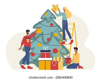 Happy family decorate christmas tree together baubles and star. Christmas and new year 2022 preparations banner, flyer, landing page. Trendy characters celebrate winter holidays and x-mas at home.