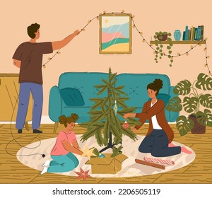 Happy family decorate christmas tree at home vector illustration. Parents with kid prepare house for festive season. Family celebrate winter holidays and xmas at home. Decorated house interior