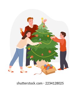 Happy family decorate Christmas Tree with colorful baubles, festive garland and balls vector illustration. Cartoon cute scene with Xmas preparations to home celebration of mother, father and child