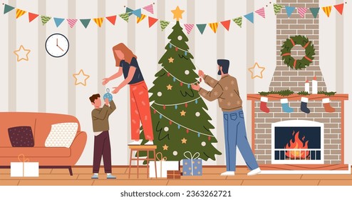 Happy family decorate christmas tree. People preparing for new year celebration, child drops glass ball to parents, xmas at home, cartoon flat style isolated nowaday vector concept