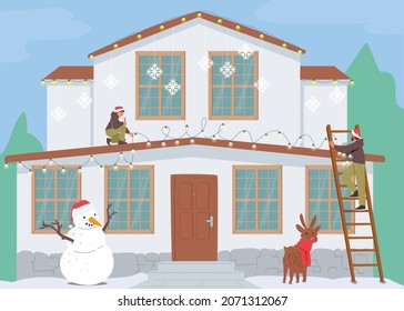 Happy Family Decorate House for Christmas. Father and Son Hang Festive Garland on Home Roof, Decorating Yard and Dwelling Exterior with Snowman and Reindeer Statue. Cartoon Vector Illustration