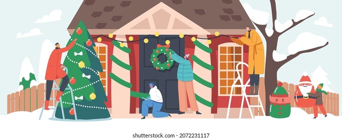 Happy Family Decorate House for Christmas. Parents and Kids Hang Festive Wreath and Spruce Branches on Home Door, Decorating Fir Tree, Put Santa and Elves Statues in Yard. Cartoon Vector Illustration