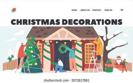 Happy Family Decorate House for Christmas Landing Page Template. Parents and Kids Hang Festive Wreath on Home Door, Decorating Fir Tree, Put Santa and Elf Statues in Yard. Cartoon Vector Illustration