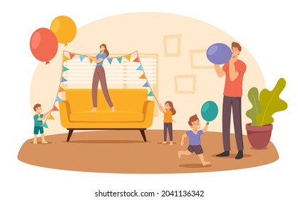 Happy Family Decorate Living Room Hanging Garlands and Blow Balloons for Birthday or Holiday Event Celebration. Parents and Kids Characters Prepare for Anniversary. Cartoon People Vector Illustration