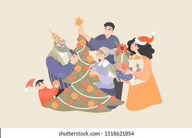 Happy family decorates a Christmas tree and prepares gifts for the holiday. Illustration of christmas spirit and family values ​​with different generations of cute cartoon characters