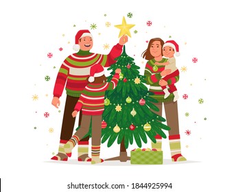 Happy family decorates the Christmas tree with toys and garlands. Merry christmas and new year. Vector illustration in flat style