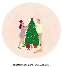 Happy family decorates a Christmas tree. Vector illustration.