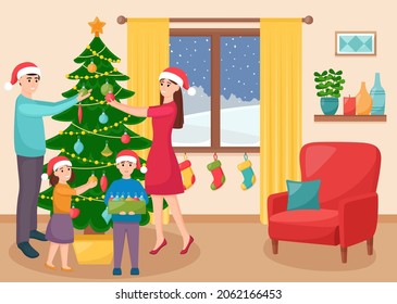Happy family decorates Christmas tree in living room. Mother, father, daughter and son decorating Christmas tree, vector illustration