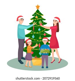 Happy family decorates Christmas tree. Mother, father, daughter and son in Christmas hats decorating fir tree, vector illustration