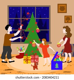 Happy family decorates the Christmas tree, home comfort holiday