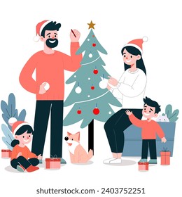 Happy Family Decorates Christmas Tree. Father Put Star on Top of Fir Tree,  People Celebrating New Year and Xmas at Home.