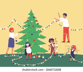 Happy family decorates fir tree and room for Christmas. Mom and daughter hang Christmas balls on the tree. Dad with children hangs a garland on the wall. Flat vector illustration.