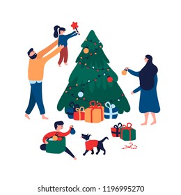 Happy family decorating Christmas tree with toys, star and garland for holiday. Smiling mom dad son and daughter with dog preparing for New Year celebration. Vector illustration in cartoon flat style