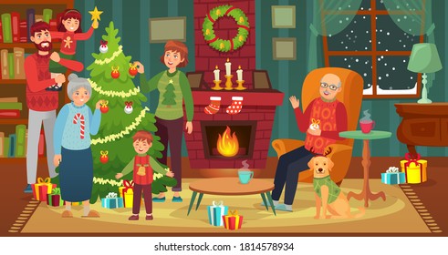 Happy family decorating christmas tree. Vector happy xmas with house fireplace, decoration to celebration holiday illustration