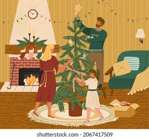 Happy family decorating christmas tree with ornaments and garlands. People preparing for 2022 new year and christmas holiday celebration. Colorful vector illustration in hand drawn style style