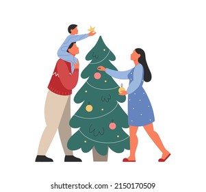 Happy family decorating Christmas tree. People preparing for holiday celebration. Family celebrating New Year Eve. Flat vector illustration.