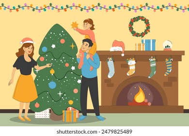 Happy family decorating Christmas tree in the living room. Little child sitting on the dad s shoulders. Mother, father and daughter spend time together. Fireplace, Christmas stockings and gifts.