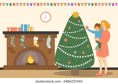 Happy family decorating Christmas tree in the living room. Vector illustration of parent and little child holding a red bauble. Mother and son spend time together.