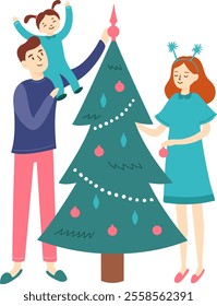 Happy family decorating christmas tree together at home, father holding daughter on his shoulders placing star on top, mother hanging baubles, festive winter holidays celebration